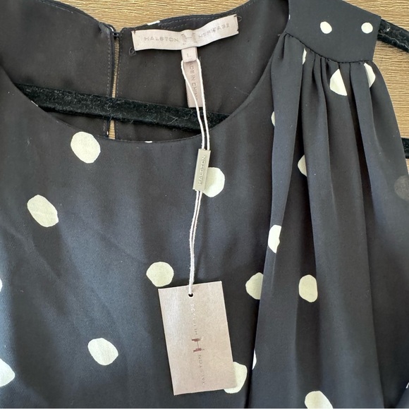 HALSTON Heritage NWT  Dress M -Black & cream Asymmetrical Polka Dot  sleeveless - Picture 5 of 14